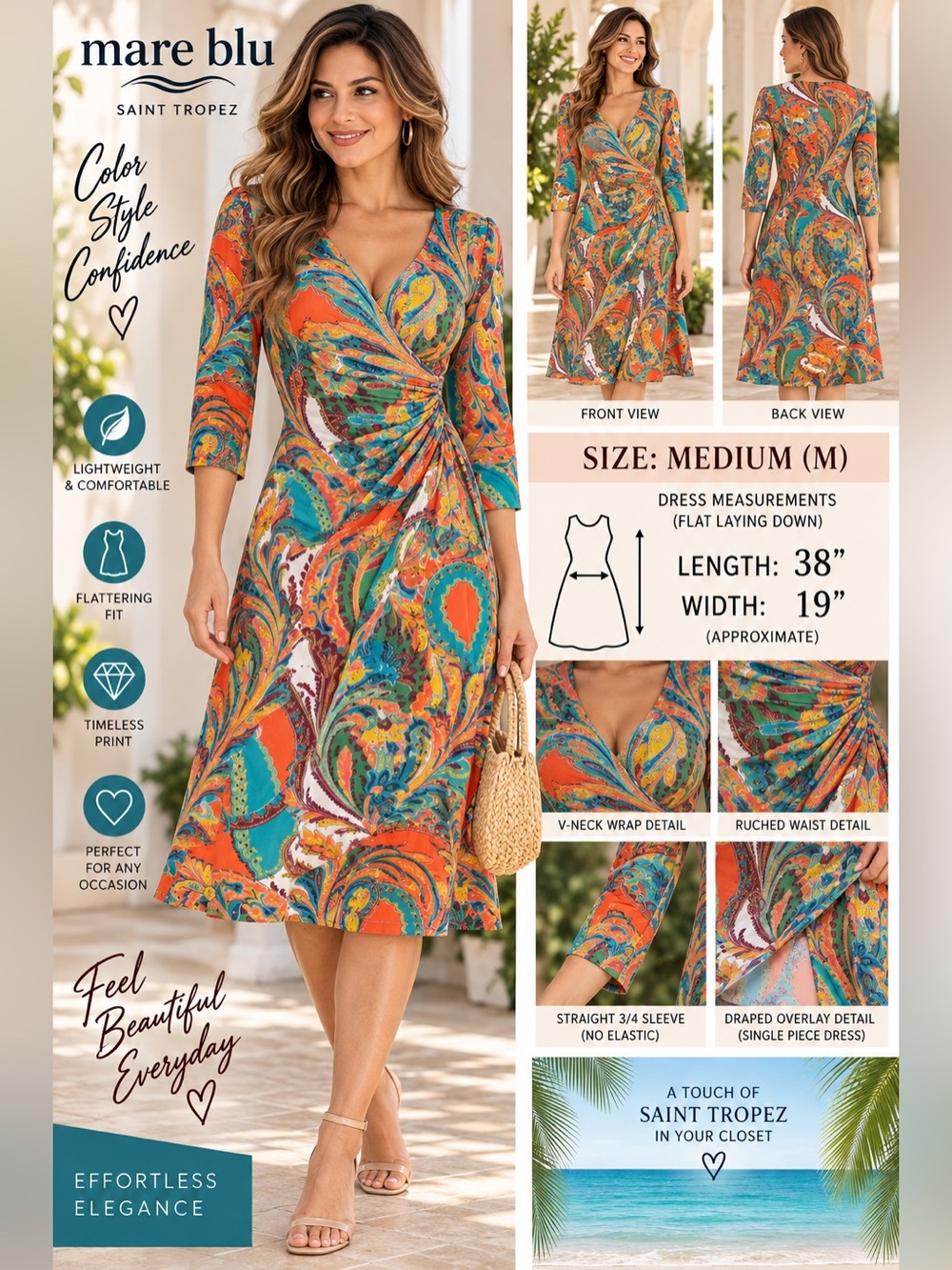 Mare Blu Saint Tropez Women M Paisley Fit & Flare Dress Ruched Waist 3/4 Sleeve